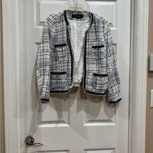 Zara White & Navy Tweed Cropped Blazer